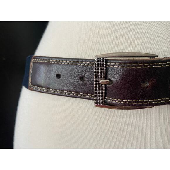 MARTIN DINGMAN Navy Surcingle Belt w/Dark Brown Leather Trim Womens sz 32 - Picture 2 of 12